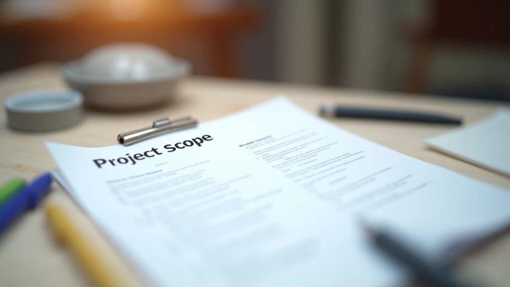 Document de proiect completat cu definiții clare și responsabilități, pe birou cu creion și marker colorat