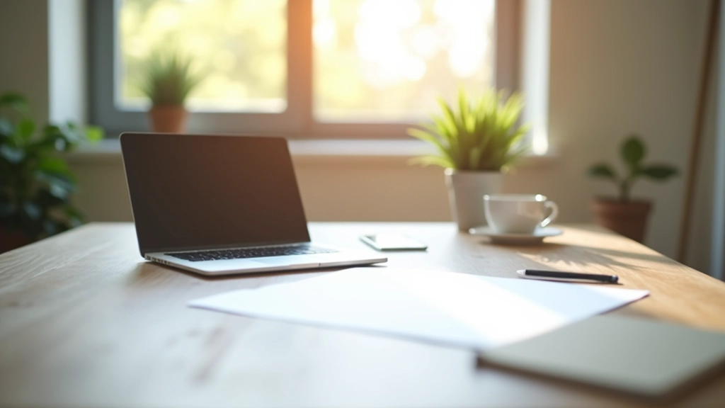 Cadru din birou modern, cu laptop deschis pe proiect și notă adezivă cu jaloane pe ecran, ciocan de lemn și cafea