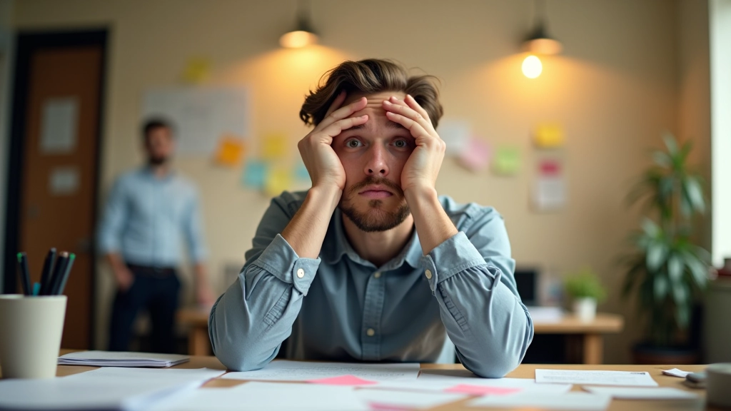 Persoană copleșită la birou cu stack de documente și alarme