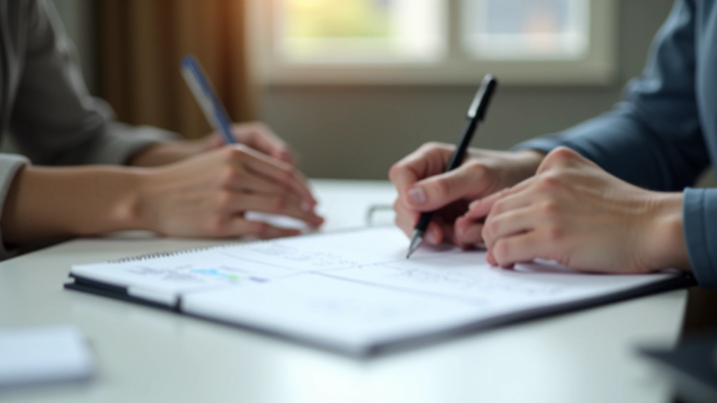 Persoană care scrie planul proiectului într-un caiet, cu structură clară și jaloane marcate