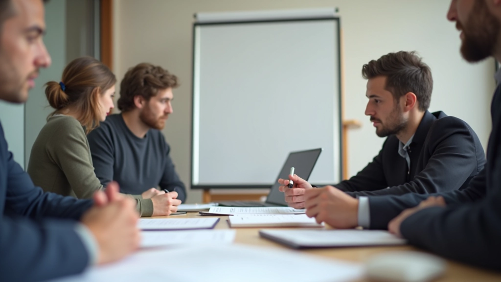 Echipă mică la ședință de planificare, cu notebook și diagramă de proiect pe masă, lumină naturală