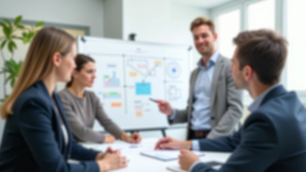Echipă în ședință de planificare, discutând obiectivele proiectului pe tablă albă cu note și diagrame