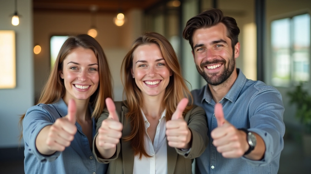 Echipă de trei persoane sărbătorind completarea unui proiect cu handshake și zâmbete, în mediul de lucru curat și profesional