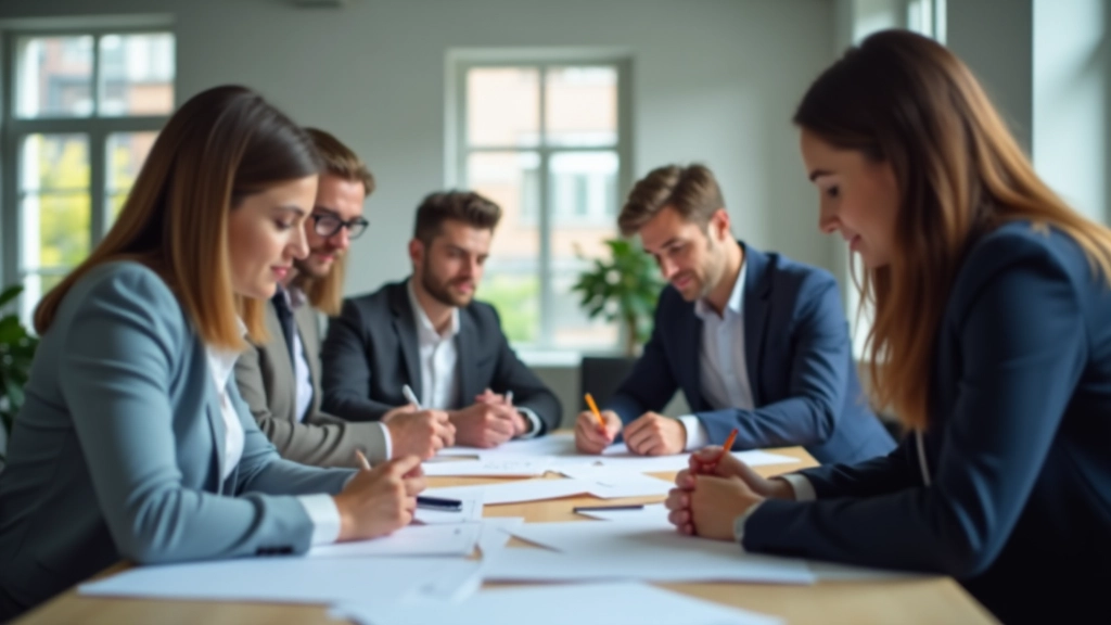 Echipă mică în birou lucrând la proiecte, notând detalii și discutând planuri