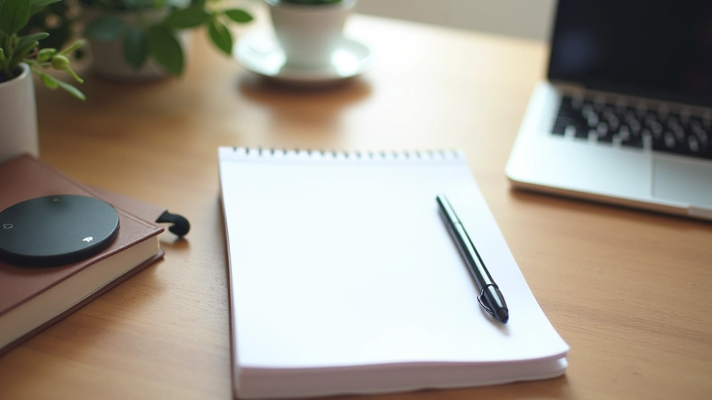 Birou de lucru cu caiet de proiect, pix și calculator pe o masă de lemn, organizat și gata pentru planificare